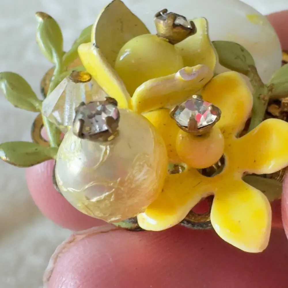 Miriam Haskell Floral Enamel Rhinestone, Faux Pearl Clip-on Earrings VNTG 1940s